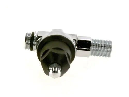 Druckminderer von Bosch mit zwei Anschlüssen, einem schwarzen Kopf und verchromten Gewinden, für die Regulierung von Druck in fluidtechnischen Anwendungen.